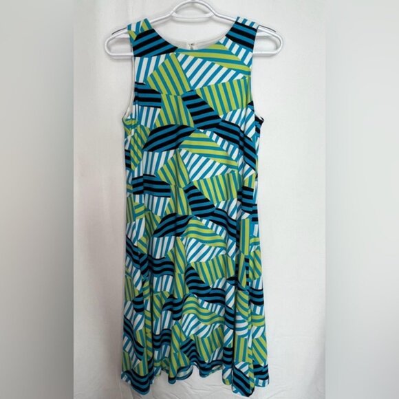 NWT ANNE KLEIN Sheath crew neck Sleeveless Tropical Blue Multi Mini Dress Size 2 - Picture 3 of 7